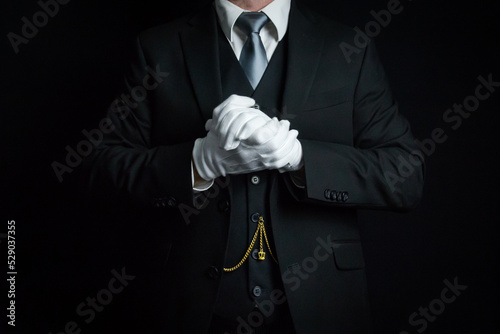 Portrait of Butler in Dark Suit and White Gloves. Concept of At Your Service. Professional Hospitality and Courtesy. 