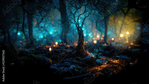 Tableau sur toile Mystical magical forest at night with glowing lights