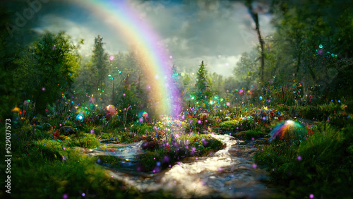 Magical fantasy fairy tale forest with rainbow and glowing lights