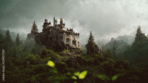 Old castle or fortress as abandoned ruin in dark forest