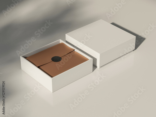 Square White Box Mockup with golden wrapping paper and sticker on white table with shadows, 3d rendering