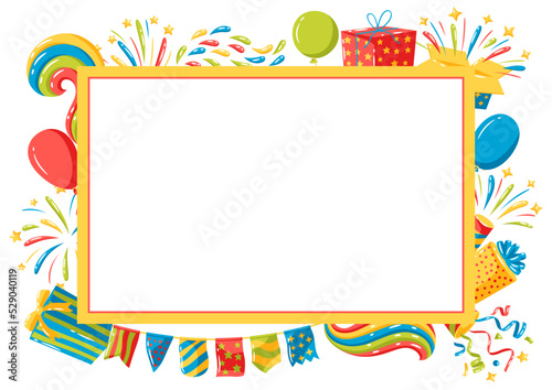 Frame with holiday decoration items. Color objects for celebration and anniversary.