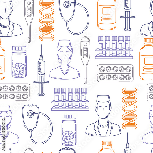 Seamless pattern with medical and healthcare items. Equipment for pharmacies and hospitals.