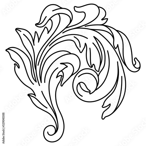 Decorative floral element in baroque style. Engraved black curling plant.