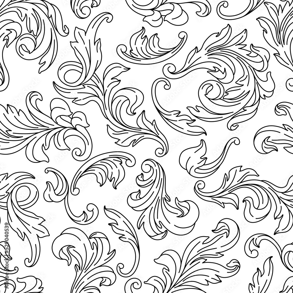 Decorative floral seamless pattern in baroque style. Engraved black curling plant. Decorative floral seamless pattern in baroque style. Engraved black curling plant.