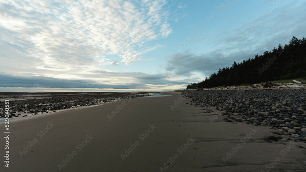 Endless deserted beach at dawn, near Tlell, Haida Gwaii, BC, off Hecate Strait.