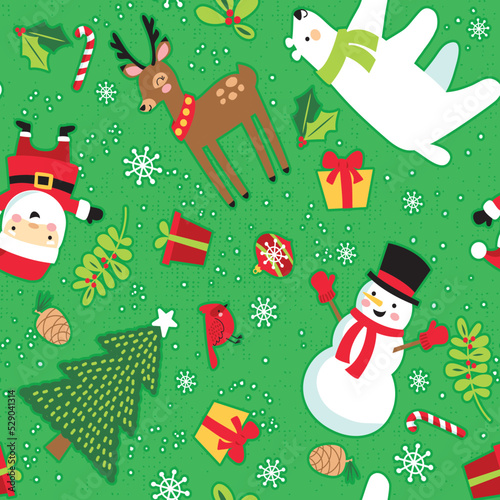 Santa, reindeer, snowman, polar bear, and Christmas tree arranged to repeat seamlessly. Vector patterns are great for backgrounds and surface designs.