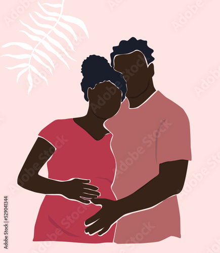 A  african couple of men and women, future parents expecting a child. Pregnant wife and husband hug. The concept of family, love, motherhood. Vector graphics.