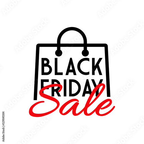 Cartel de venta con texto Black Friday con palabra manuscrita Sale con bolsa de la compra líneal aislada
