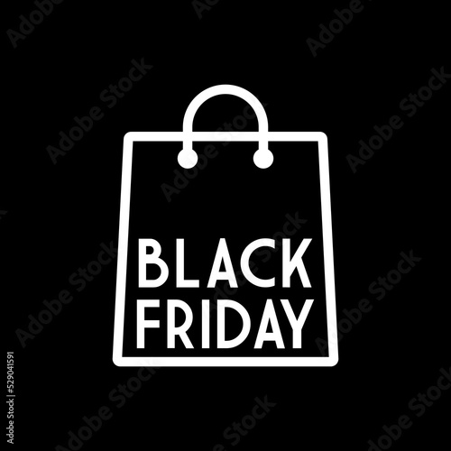 Cartel de venta con texto Black Friday con bolsa de la compra líneal en fondo negro