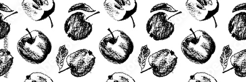 Black apple background. Vector apples seamless pattern with fruit hand drawn pencil illustration for vegan banner, juice, baby food packaging, jam label design. Monochrome fruits backdrop. Cider badge