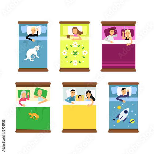 People Characters Sleeping and Snoring in Bed Lying on Pillow Covered with Blanket Above View Vector Set