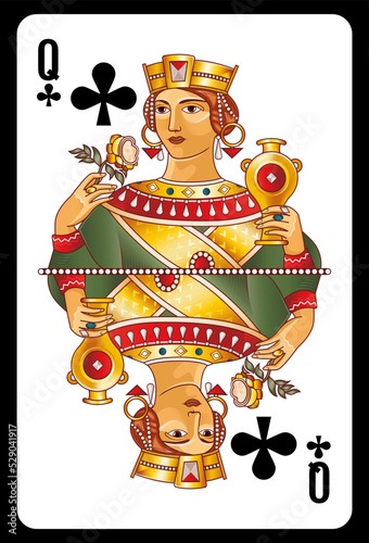Queen of Clubs playing card - Slavic original design.