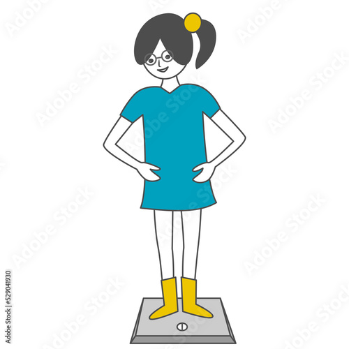 Girl-office worker, student, schoolgirl, weighed on the scales. Cartoon character drawn doodle. Flat vector.