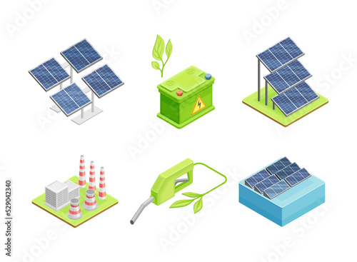 Renewable Green Energy Source with Electric Car Accumulator, Solar Panel Battery, Geothermal Power Station and Fuel Nozzle Isometric Vector Set