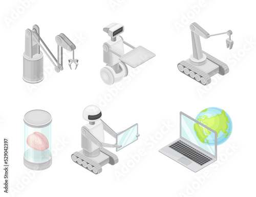 Robotic Technology with Electronic Equipment and Artificial Intelligence Like Robot, Laptop and Arm Isometric Vector Set