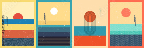 Vector illustration. Abstract contemporary aesthetic backgrounds. Flat landscape. Sun in the sky. Design for poster, postcard, invitation card, flyer, brochure cover. Room wall decor. Linear pattern