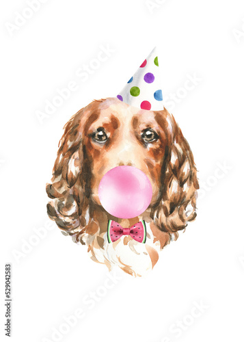 Watercolor Cocker Spaniel illustration, cute dog breed, hipster portrait,funny character, cartoon dog in costume,clothes, accessories, hat, poster, card, invite, print,printable, flyer,it's a boy,diy 