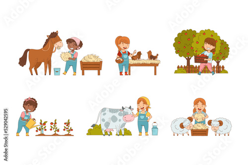 Little Children Working on the Farm Feeding Livestock, Harvesting and Gardening Vector Set