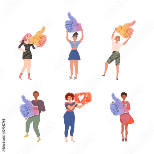 People Characters Holding Like Signs with Thumb Up as Notification of Approval Vector Illustration Set