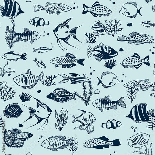 Tropical fish vector line seamless pattern.
