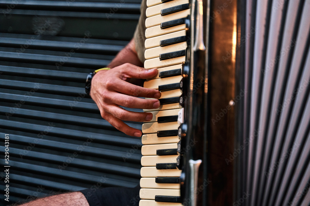 Fototapeta premium close up shot of a young man playing accordion on a tourist street in portugal lisbon, asking for donations for playing music