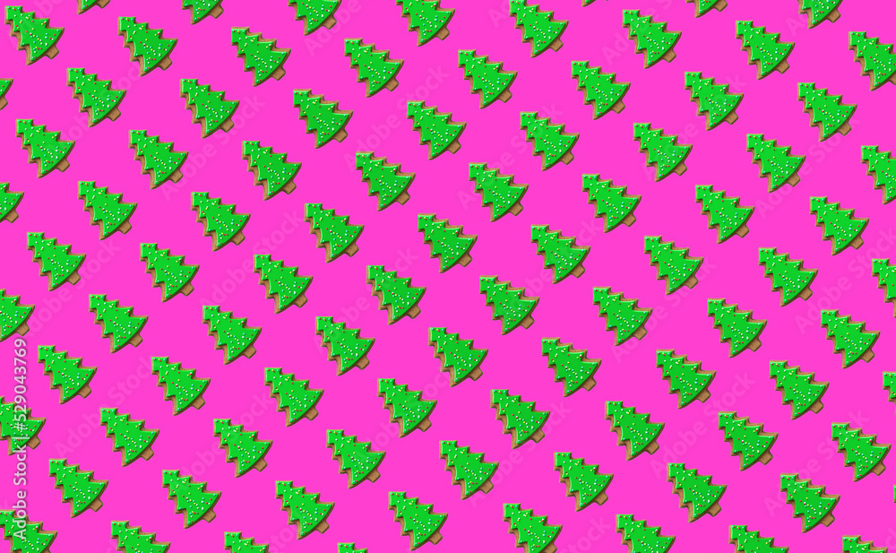 Simple Gingerbread Christmas Tree Seamless Patterns. Green Tree Isolated on a Pink Background. Icons of Happy New Year and Christmas Day. Winter Holidays Background