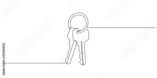 One continuous line drawing of house keys. Real estate and password and security concept in simple linear style. Editable stroke. Doodle vector illustration
