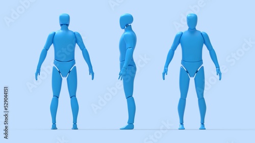 3D rendering of a dummy robot man person model blank template isolated in studio background. 3D computer generated person posing multiple views side front back.