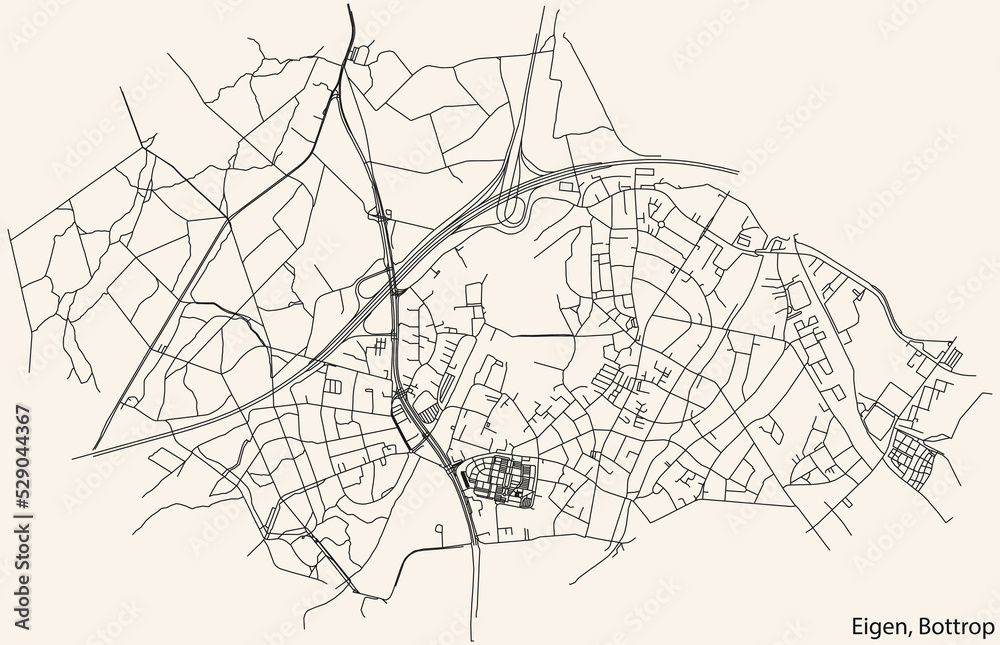 Naklejka premium Detailed navigation black lines urban street roads map of the EIGEN DISTRICT of the German regional capital city of Bottrop, Germany on vintage beige background