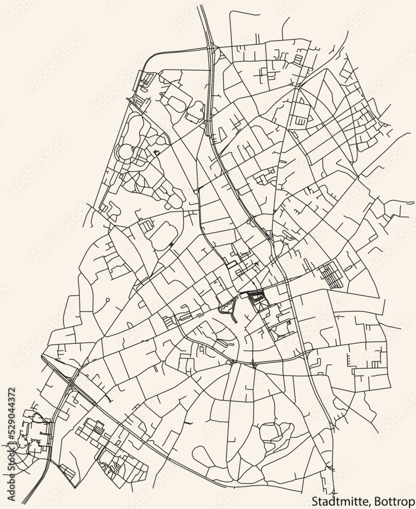 Detailed navigation black lines urban street roads map of the STADTMITTE DISTRICT of the German regional capital city of Bottrop, Germany on vintage beige background