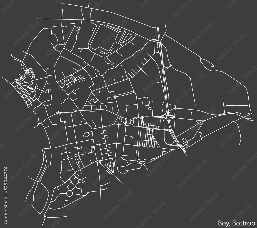 Detailed negative navigation white lines urban street roads map of the BOY DISTRICT of the German regional capital city of Bottrop, Germany on dark gray background Detailed negative navigation white lines urban street roads map of the BOY DISTRICT of the German regional capital city of Bottrop, Germany on dark gray background
