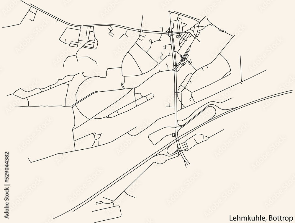 Detailed navigation black lines urban street roads map of the LEHMKUHLE DISTRICT of the German regional capital city of Bottrop, Germany on vintage beige background