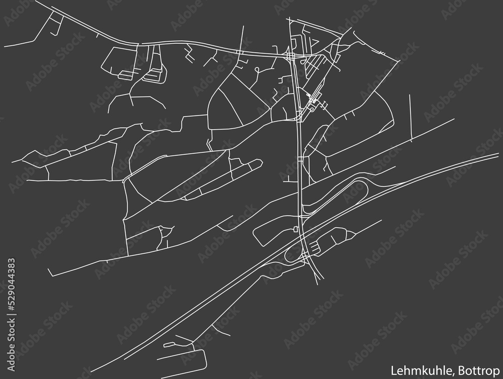 Detailed negative navigation white lines urban street roads map of the LEHMKUHLE DISTRICT of the German regional capital city of Bottrop, Germany on dark gray background