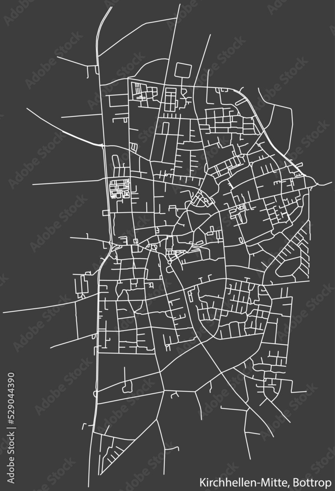 Detailed negative navigation white lines urban street roads map of the KIRCHHELLEN-MITTE DISTRICT of the German regional capital city of Bottrop, Germany on dark gray background