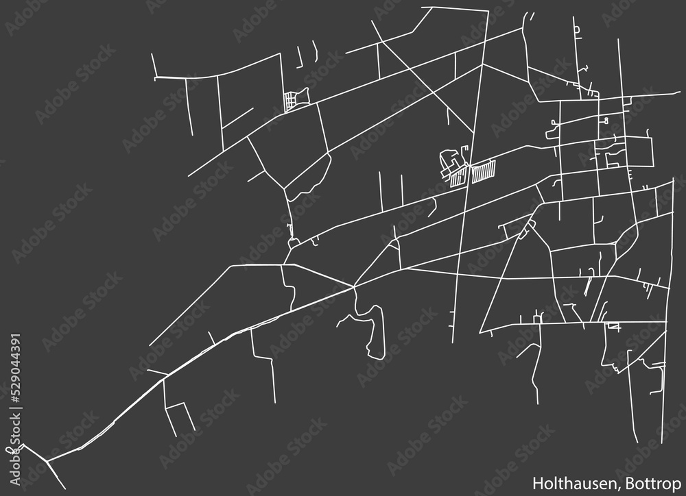 Detailed negative navigation white lines urban street roads map of the HOLTHAUSEN DISTRICT of the German regional capital city of Bottrop, Germany on dark gray background