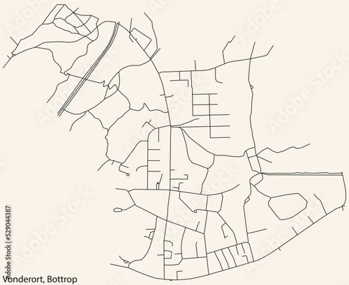 Detailed navigation black lines urban street roads map of the VONDERORT DISTRICT of the German regional capital city of Bottrop  Germany on vintage beige background