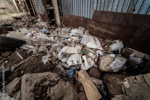 Demolition dump full of rubbish. Building trash after destruction.