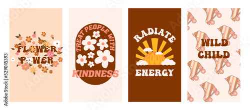 70s inspired retro hippie graphic set for T-shirt, posters, cards, stickers, social media stories. Inspirational typography slogan in warm colors of brown and pink