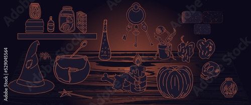 Creepy Halloween table display in a dark spooky room lit by candle light. A selection of hand drawn witchy potions, artefacts and magical equipment. 