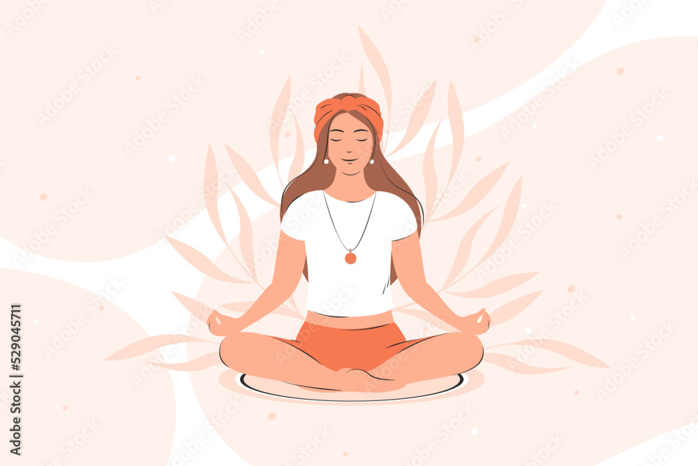 Woman meditating, practicing yoga. Vector illustration.