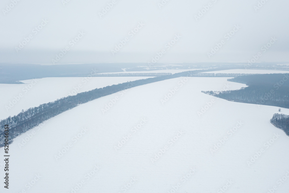View from a height of a winter landscape with a snowy field, forest and fog View from a height of a winter landscape with a snowy field, forest and fog