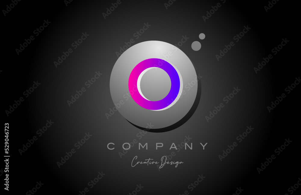 O sphere alphabet letter logo icon design with dot. Pink grey creative template for company and business