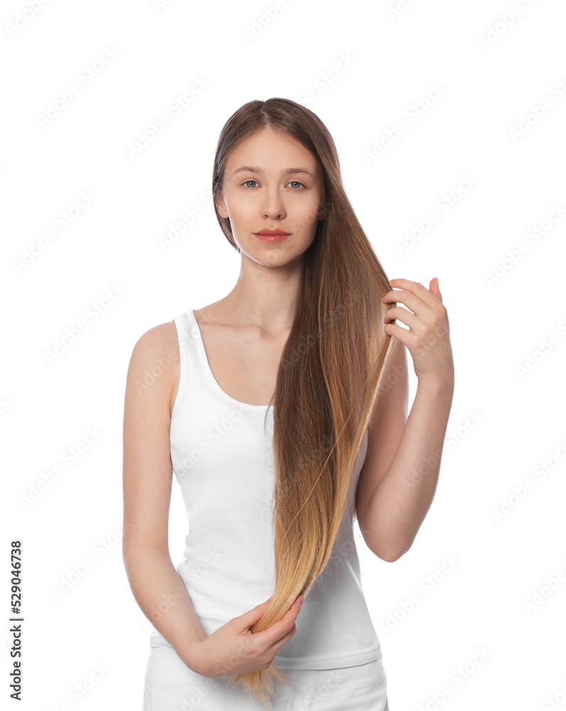 Teenage girl with strong healthy hair on white background Teenage girl with strong healthy hair on white background
