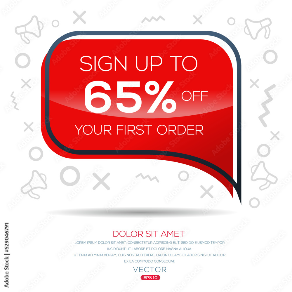 Sign up to 65% off your first order, Vector illustration. 