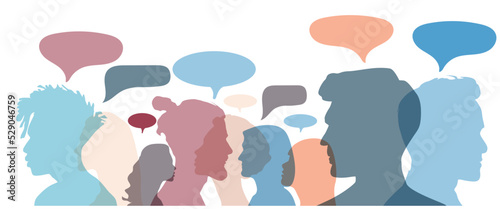 Man and woman head silhouettes with colorful speech bubbles	