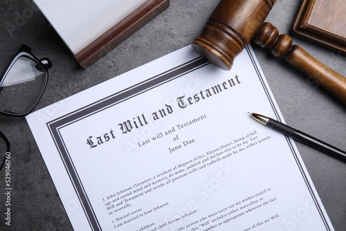 Flat lay composition with last will and testament on grey table