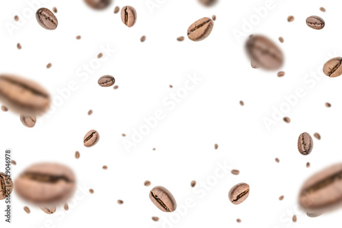 Coffee flying bean background. Black espresso grain falling. Rustic coffee bean fall on white background. Represent breakfast, energy, freshness or great aroma concept.