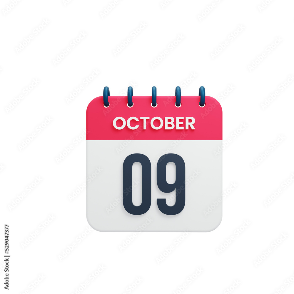 October Realistic Calendar Icon 3D Rendered October 09 October Realistic Calendar Icon 3D Rendered October 09