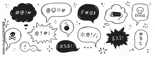 Swear word speech bubble set. Curse, rude, swear word for angry, bad, negative expression. Hand drawn doodle sketch style. Vector illustration